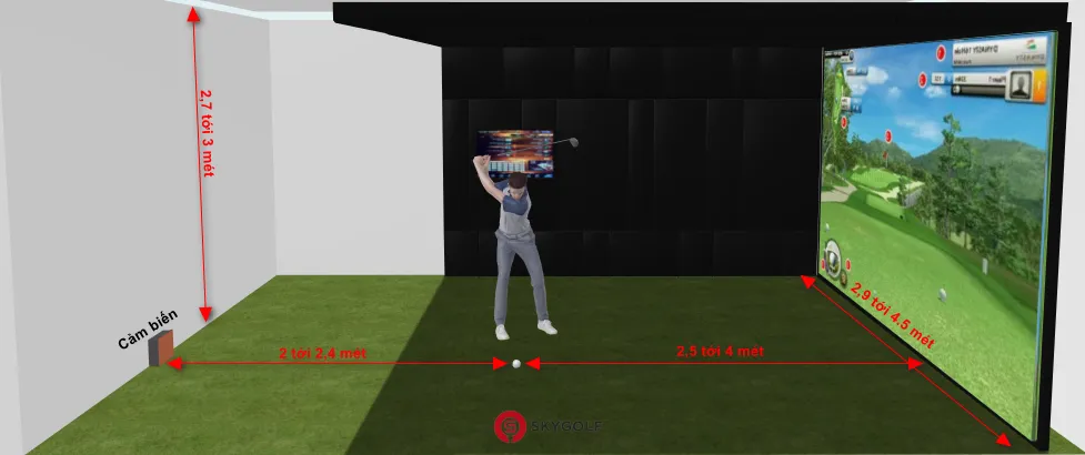 Kích thước phòng golf cảm biến phía sau bóng
