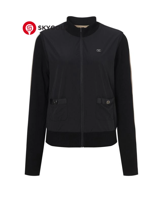 mặt trước áo len xốp Hazzys đảo ngược màu đen có khóa kéo