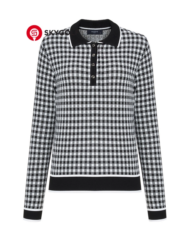 mặt trước áo dài tay Hazzys đan lưới vải Check Jacquard màu đen