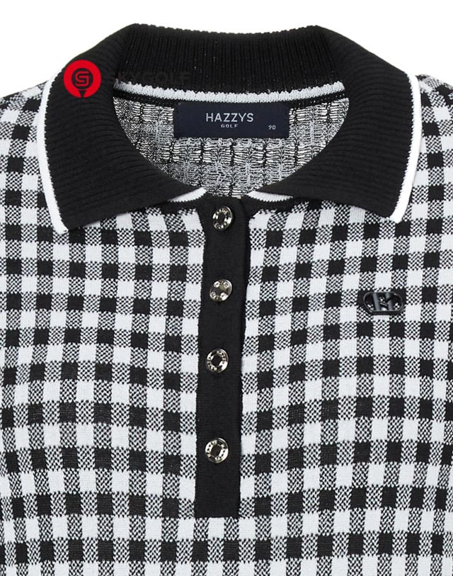 mặt trước cổ áo dài tay Hazzys đan lưới vải Check Jacquard màu đen