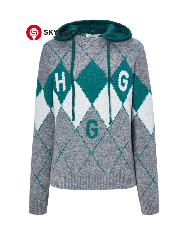 mặt trước áo len golf có mũ Hazzys họa tiết Argyle màu xám xanh