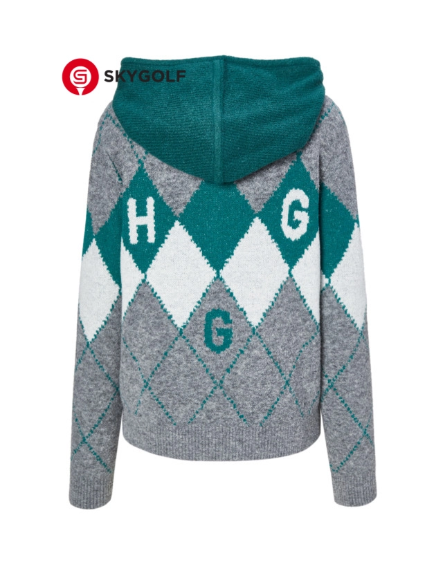 mặt sau áo len golf có mũ Hazzys họa tiết Argyle màu xám xanh