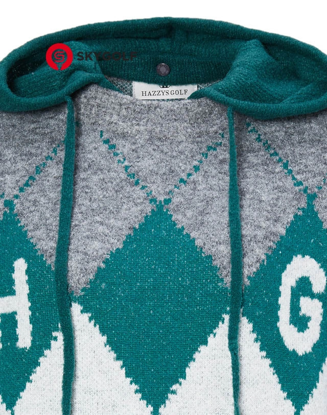 mặt trước cổ áo len golf có mũ Hazzys họa tiết Argyle màu xám xanh