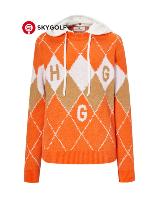 mặt trước áo len golf có mũ Hazzys họa tiết Argyle màu cam