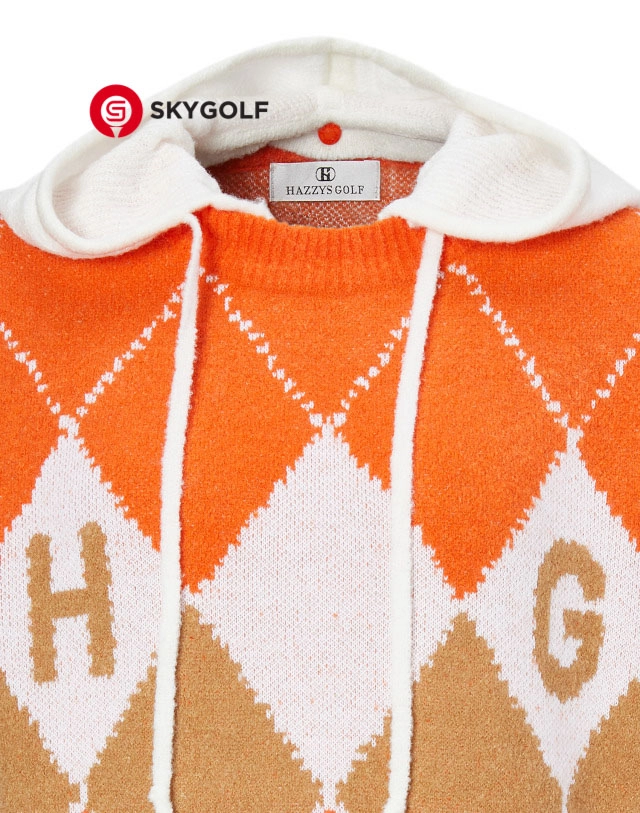 cổ áo len golf có mũ Hazzys họa tiết Argyle màu cam