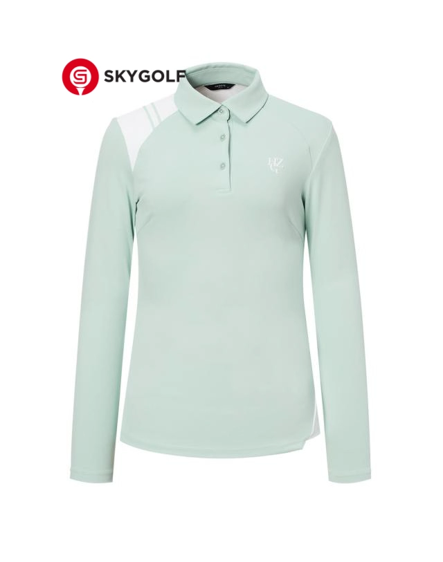 mặt trước áo phông golf Hazzys có cổ màu xanh mint in chữ ngược