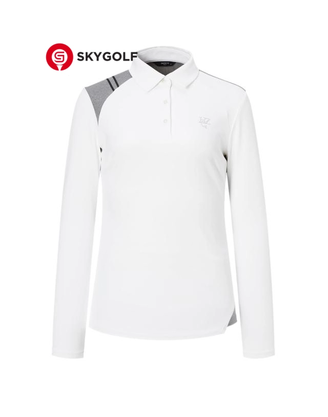 mặt trước áo phông golf Hazzys có cổ màu trắng in chữ ngược