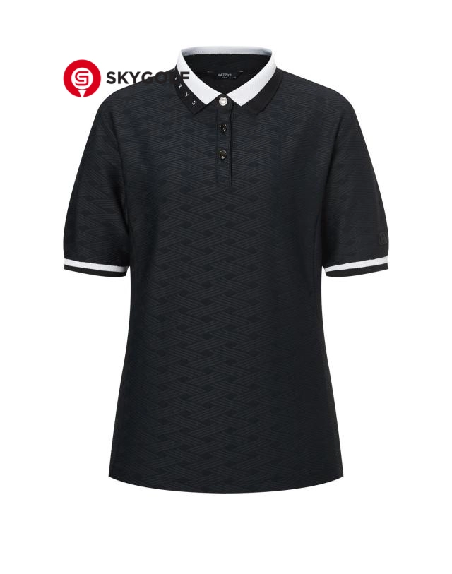 mặt trước áo thun tay ngắn golf Hazzys cổ bẻ họa tiết sóng màu đen