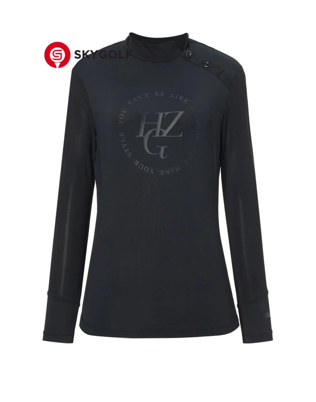 mặt trước áo phông dài tay Hazzys họa tiết lưới màu đen