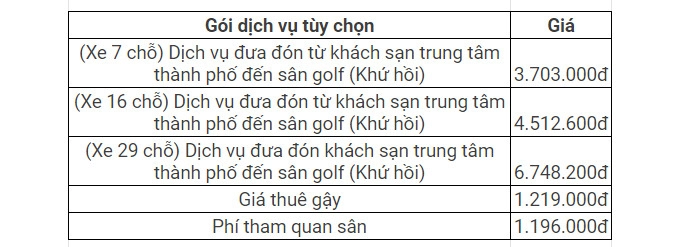 Bảng giá dịch vụ tự chọn tại sân golf Hồ Tràm 