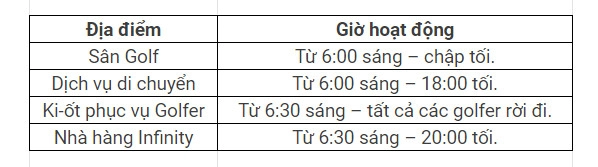 Khung giờ phục vụ sân golf Hồ Tràm 